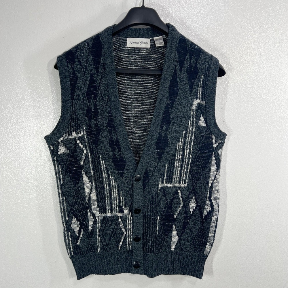 Vintage Michael Gerald Men's Sweater Vest Large Geometric Abstract Knit 90s Grey